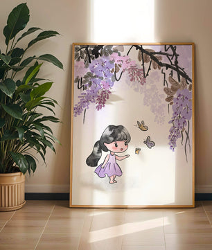 Charmante Illustration eines kleinen Mädchens mit Schmetterlingen und Glyzinienblüten