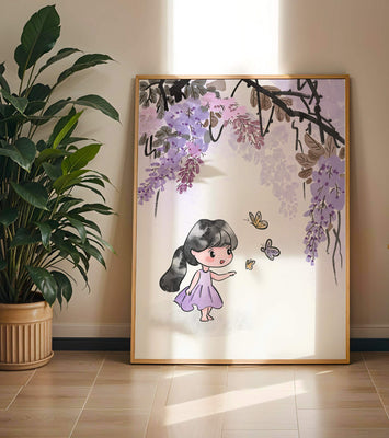 Charming illustration of a little girl with butterflies and wisteria flowers