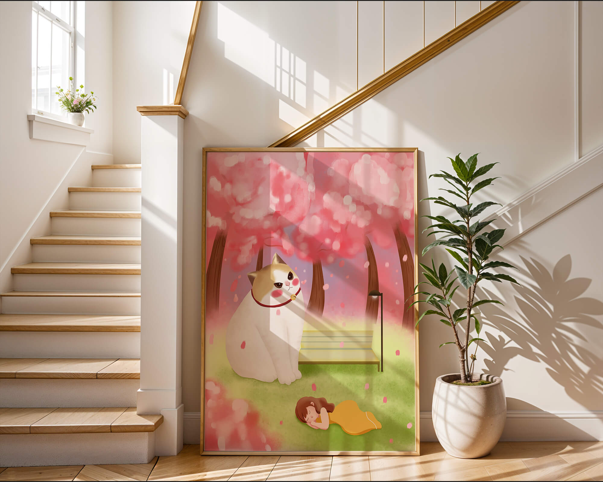 Whimsical scene with giant cat and girl under cherry blossoms