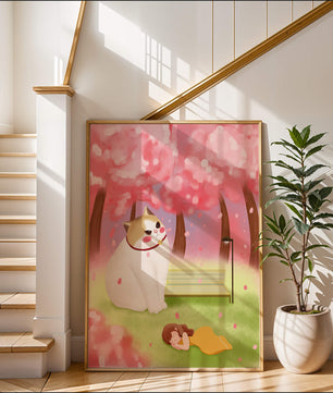 Whimsical scene with giant cat and girl under cherry blossoms