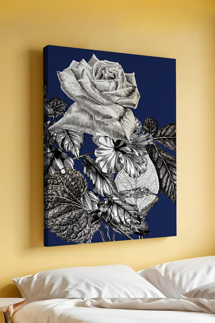Intricate botanical illustration of roses and foliage on a deep blue background