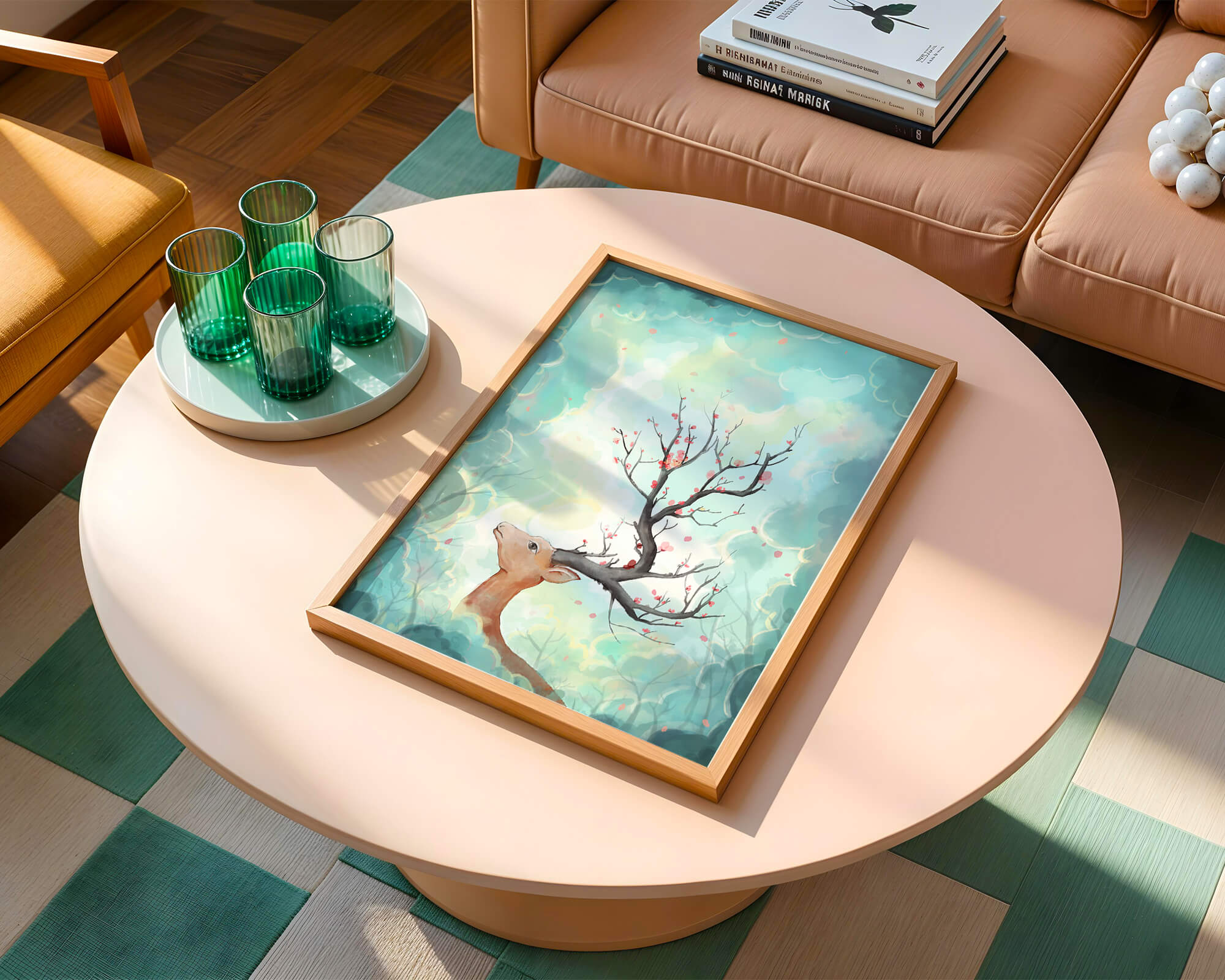 Surreal deer with branches for antlers in a pastel cloudy background