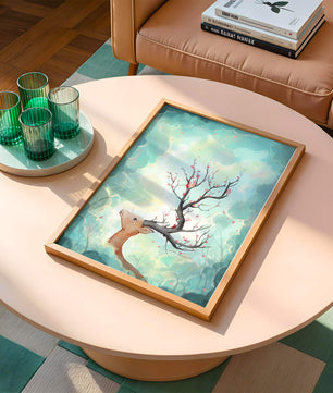 Ciervo surrealista con ramas como cuernos sobre fondo nublado en tonos pastel