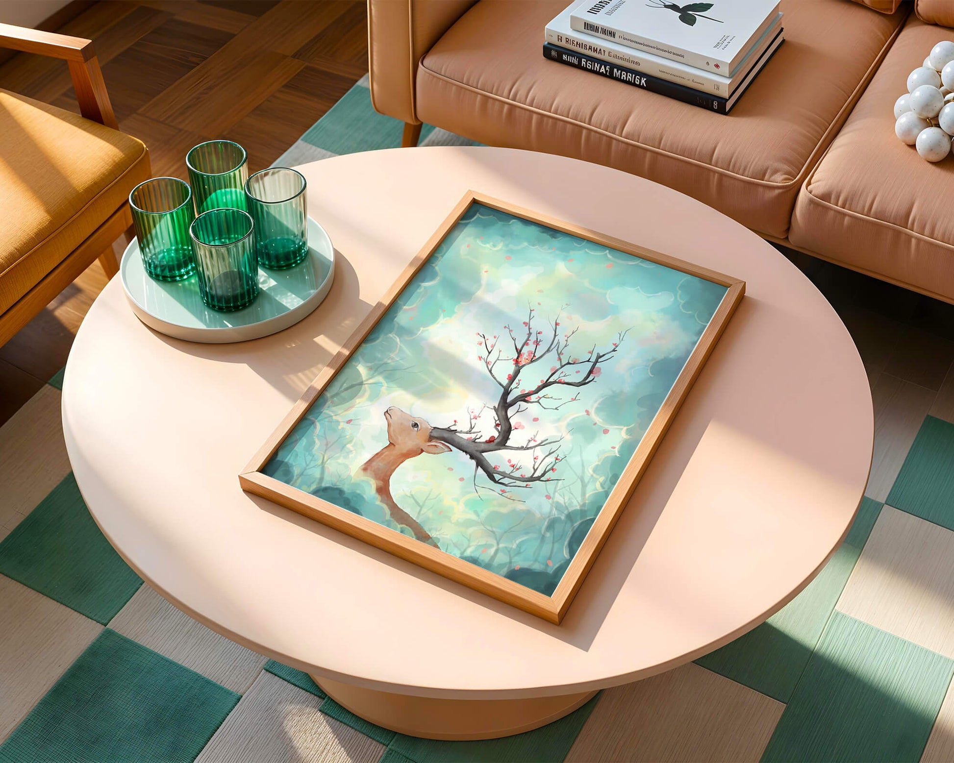 Surreal deer with branches for antlers in a pastel cloudy background