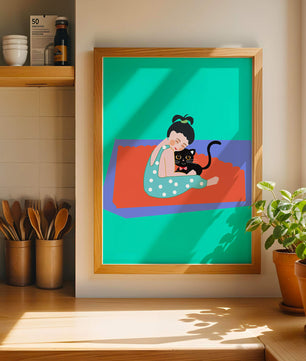 Gemütliche Illustration eines Mädchens, das eine Katze auf einer bunten Matte umarmt