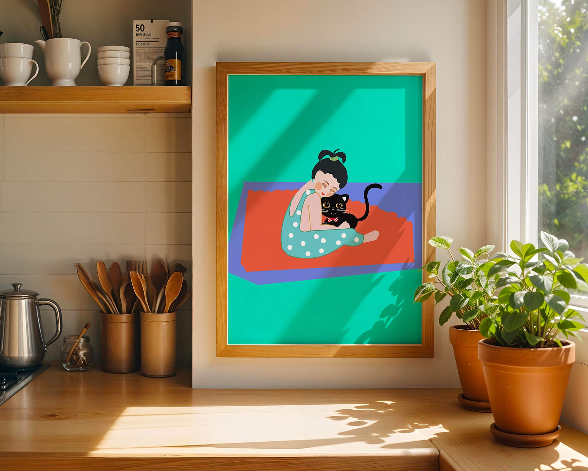Gemütliche Illustration eines Mädchens, das eine Katze auf einer bunten Matte umarmt
