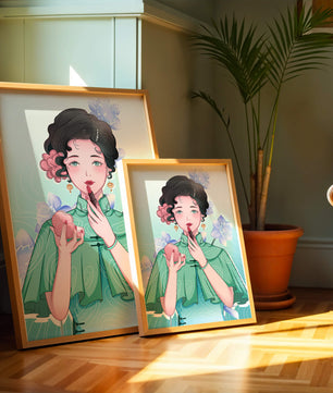 Woman applying lipstick with elegant floral background