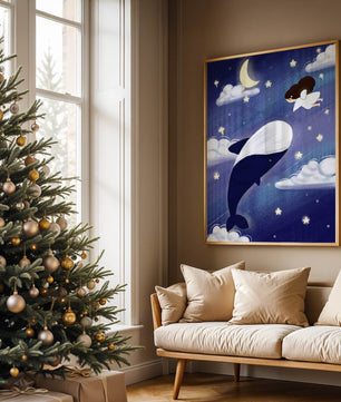Whimsical night scene with flying angel and whale