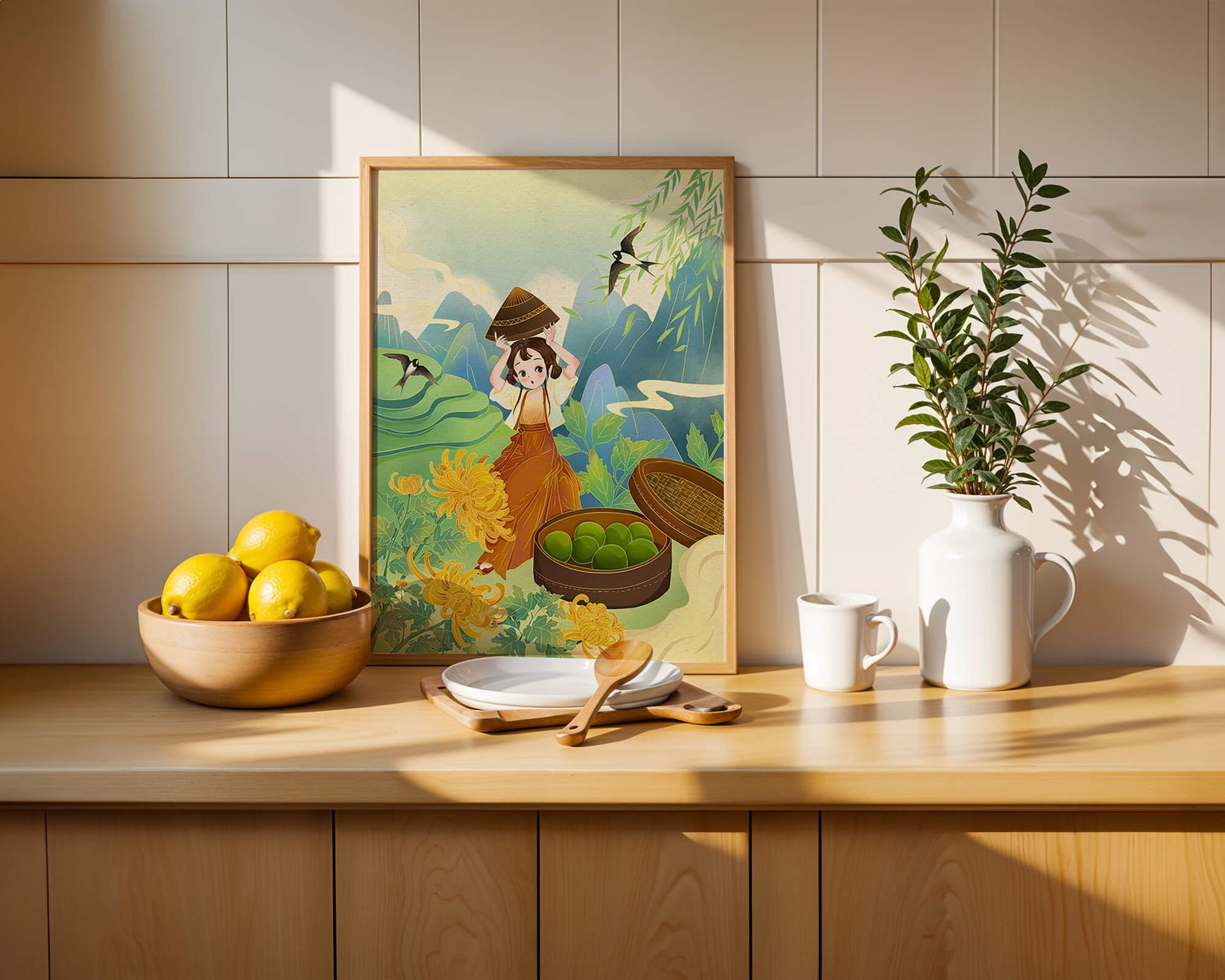 Young girl with basket in vibrant mountain landscape with birds and flowers