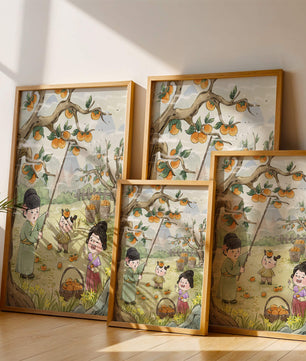 Illustration of children harvesting persimmons in a traditional setting
