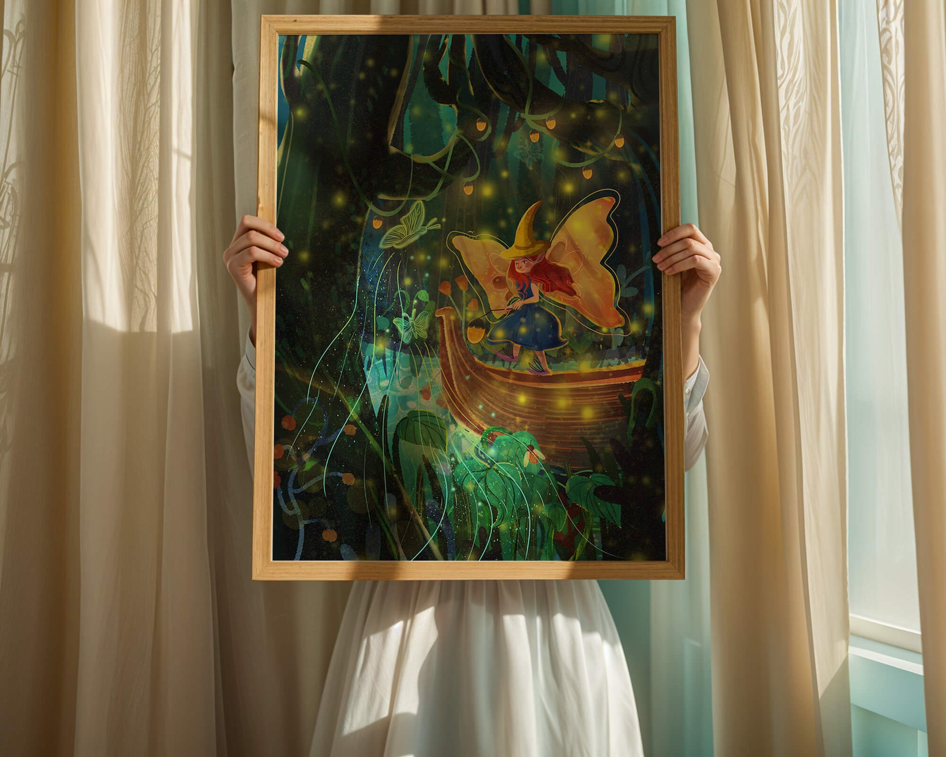 Fairy in an enchanted forest with glowing butterflies and lanterns