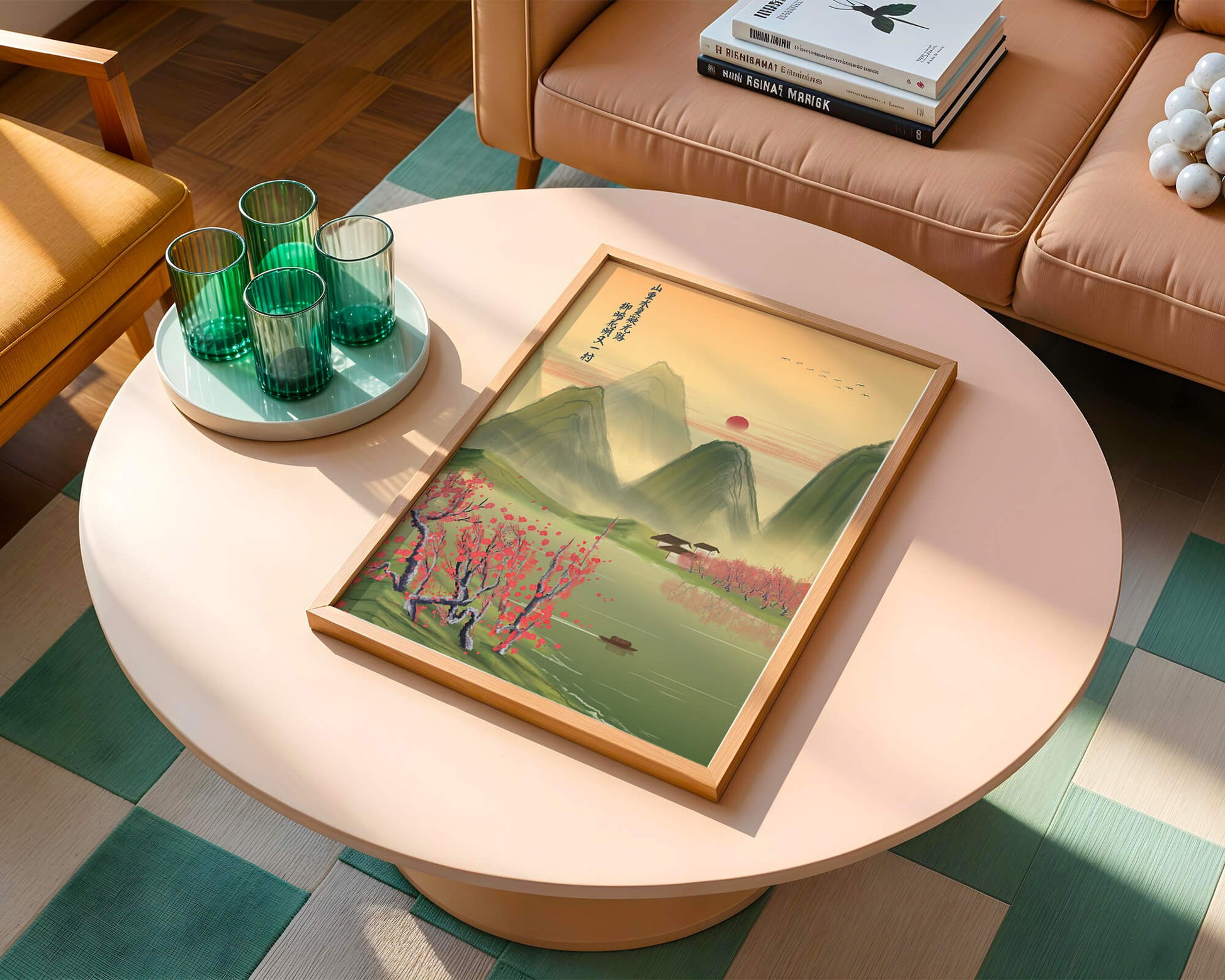 Serene landscape illustration with mountains and cherry blossoms