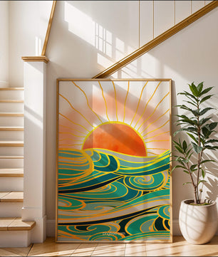 Sunrise over stylized ocean waves with gold accents