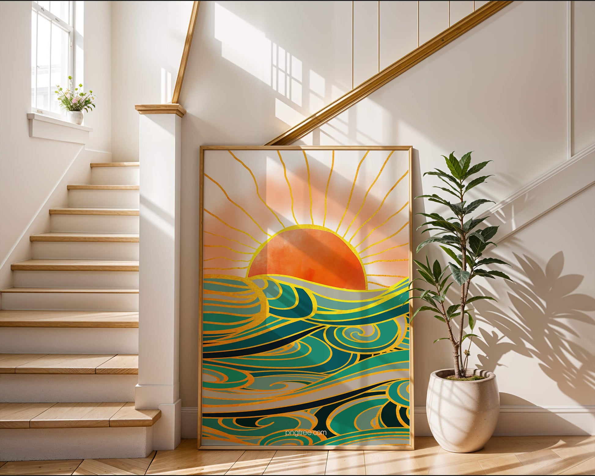 Sunrise over stylized ocean waves with gold accents