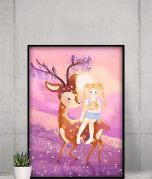 Whimsical Evening in the Enchanted Forest with Girl and Deer - Mi tienda