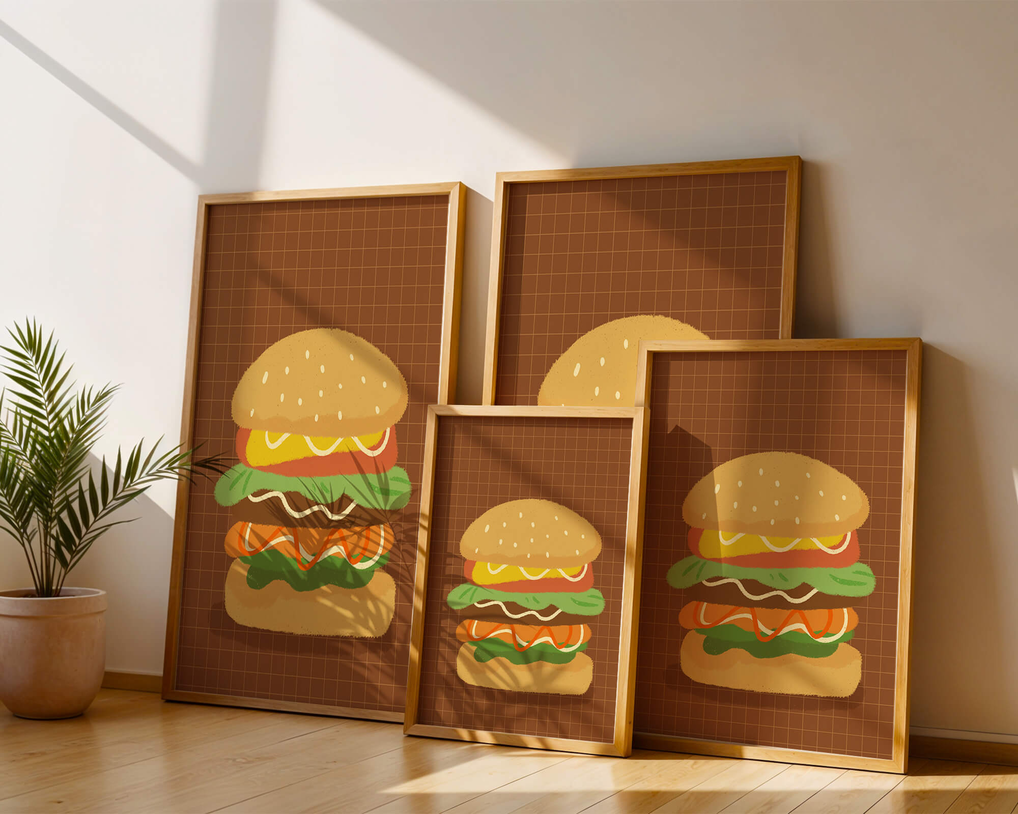 Illustrated cheeseburger with colorful layers on a grid background