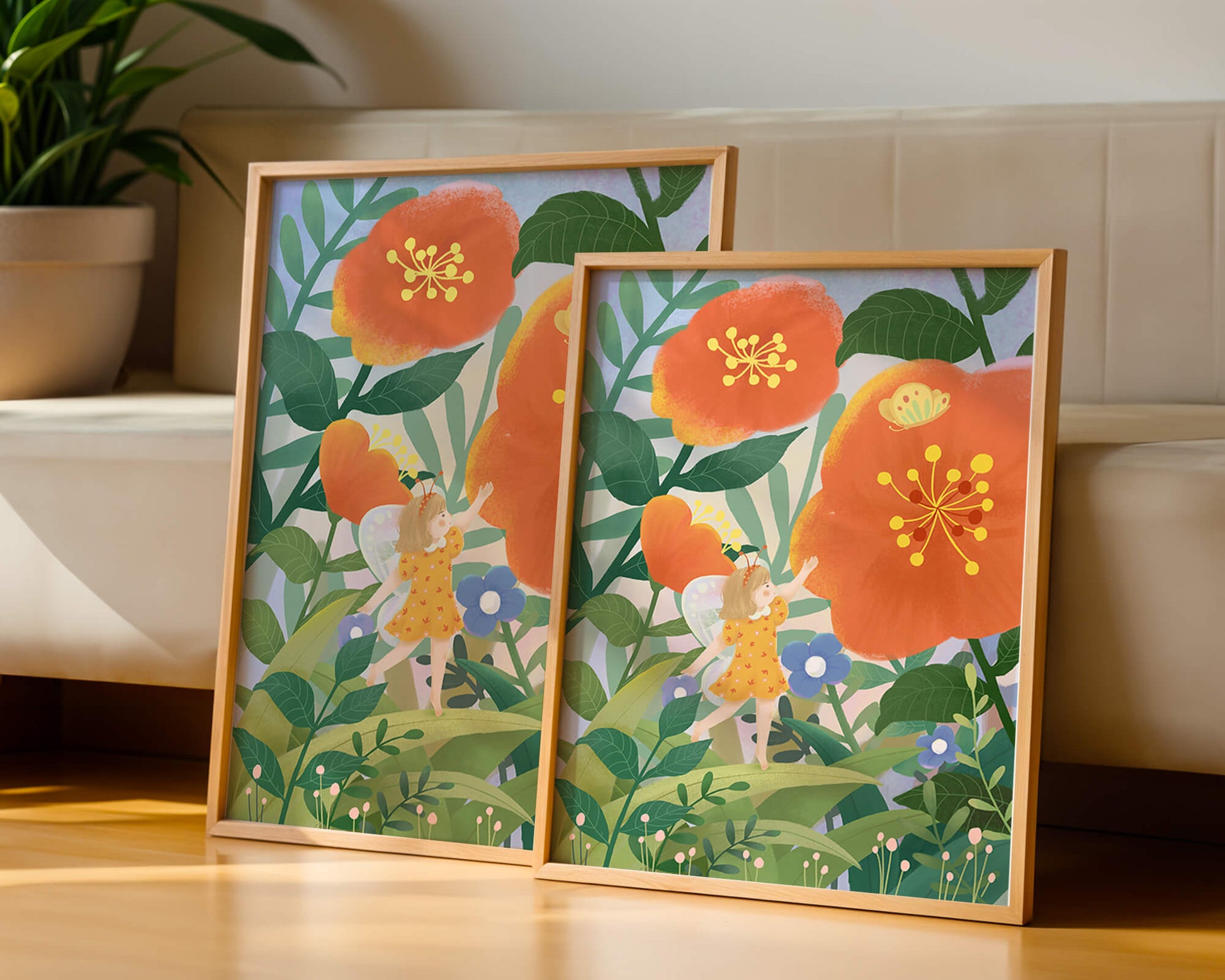 Whimsical illustration of a fairy child in a vibrant floral landscape