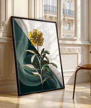 Abstract floral design featuring a golden flower with textured leaves