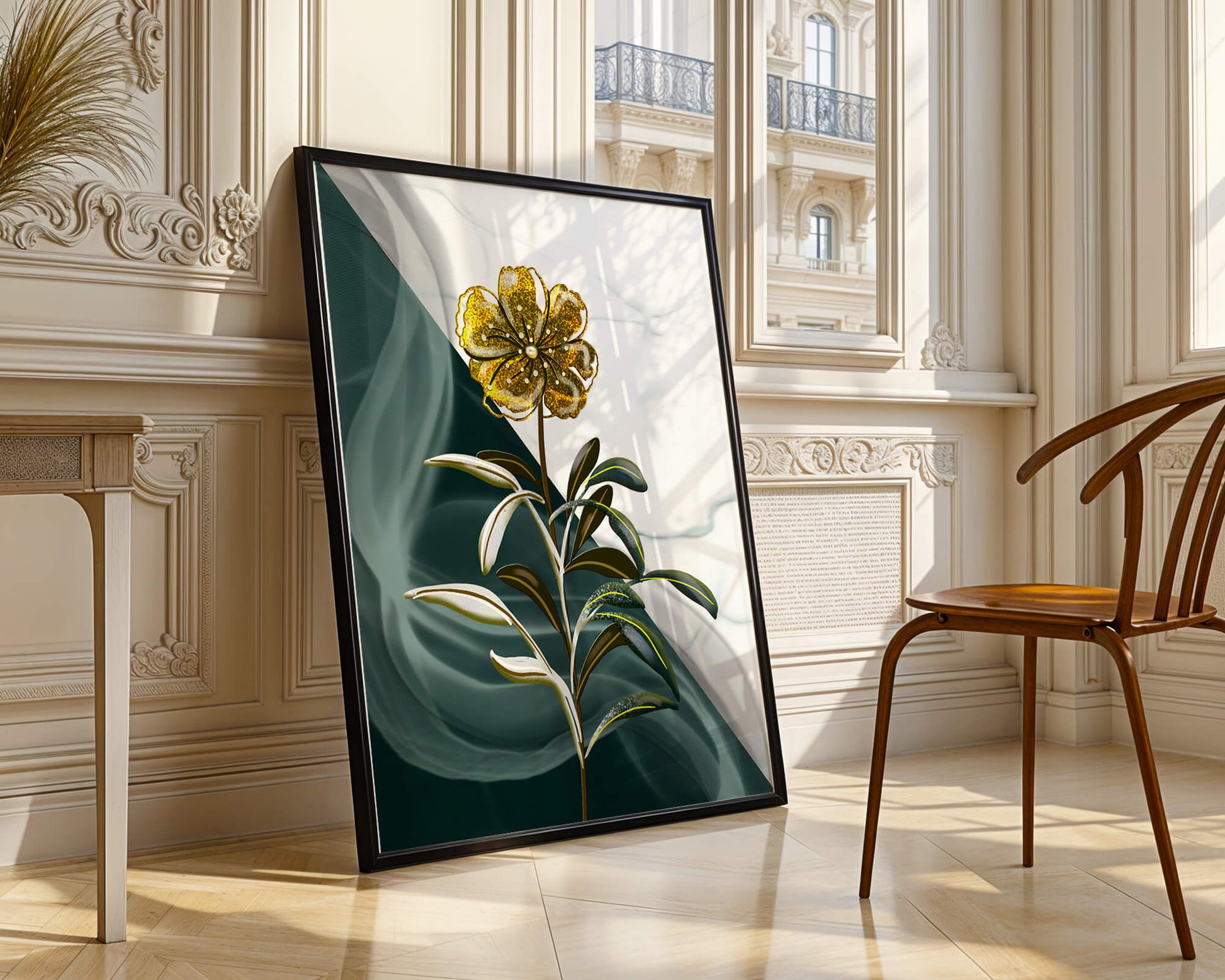 Abstract floral design featuring a golden flower with textured leaves