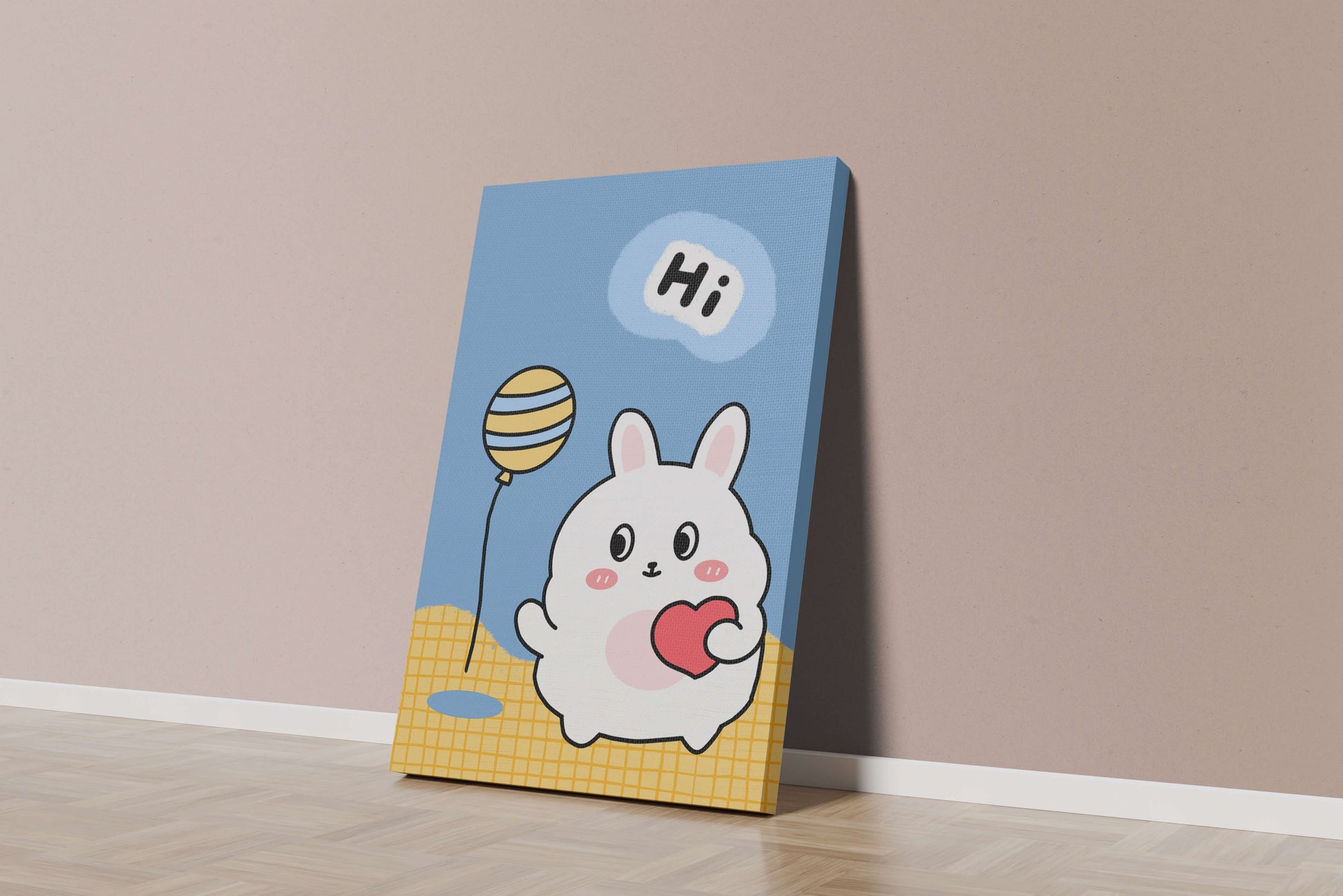 Adorable cartoon bunny with balloon and heart illustration