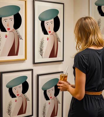 Woman with Blue Hat and Flower in Modern Art Style
