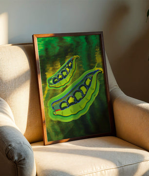 Ilustración abstracta de guisantes verdes coloridos con fondo vibrante