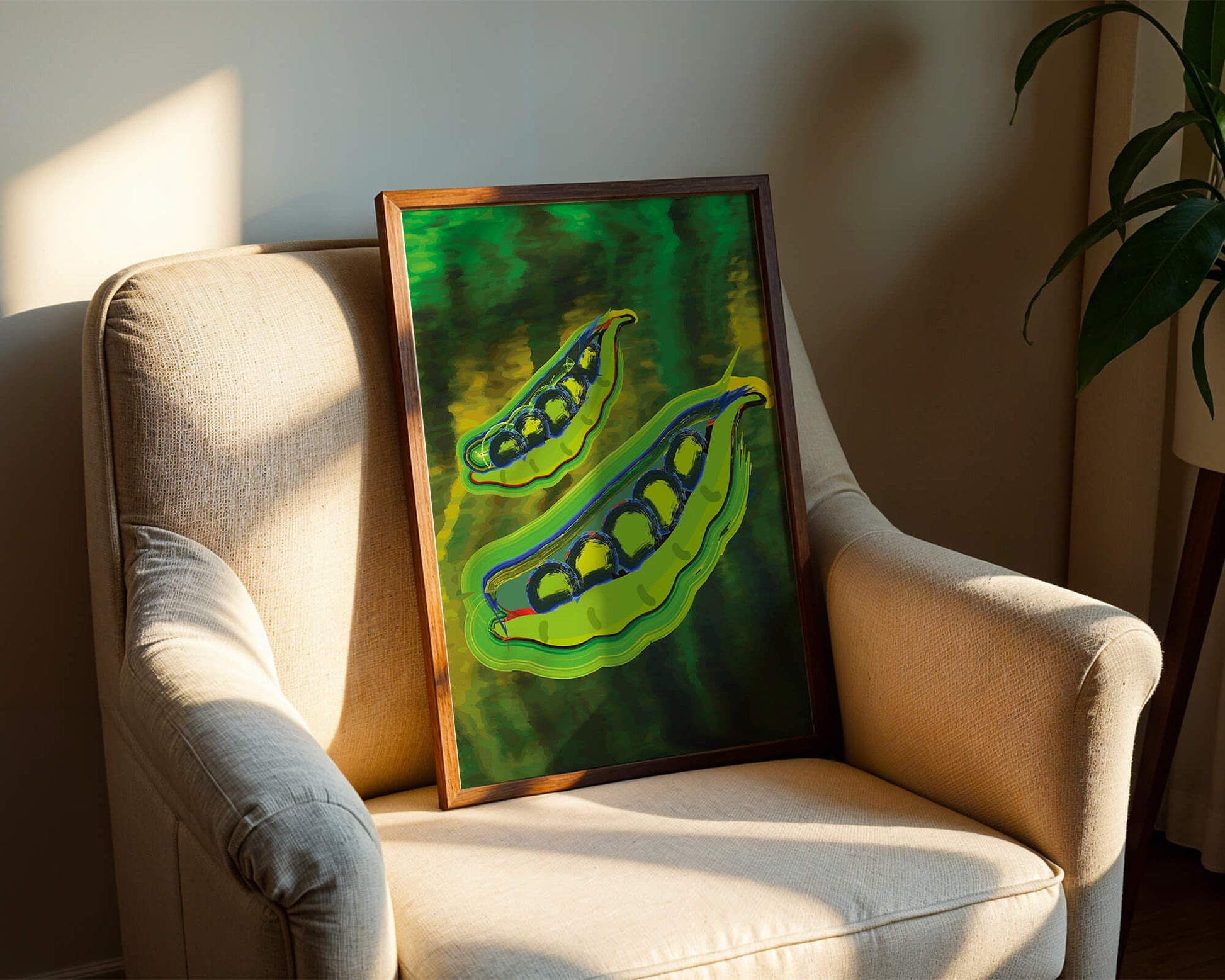 Ilustración abstracta de guisantes verdes coloridos con fondo vibrante