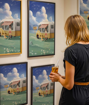 Girl with dog by camper van in serene nature setting