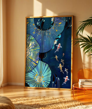 Scène sous-marine vibrante avec des carpes koï et un motif floral abstrait