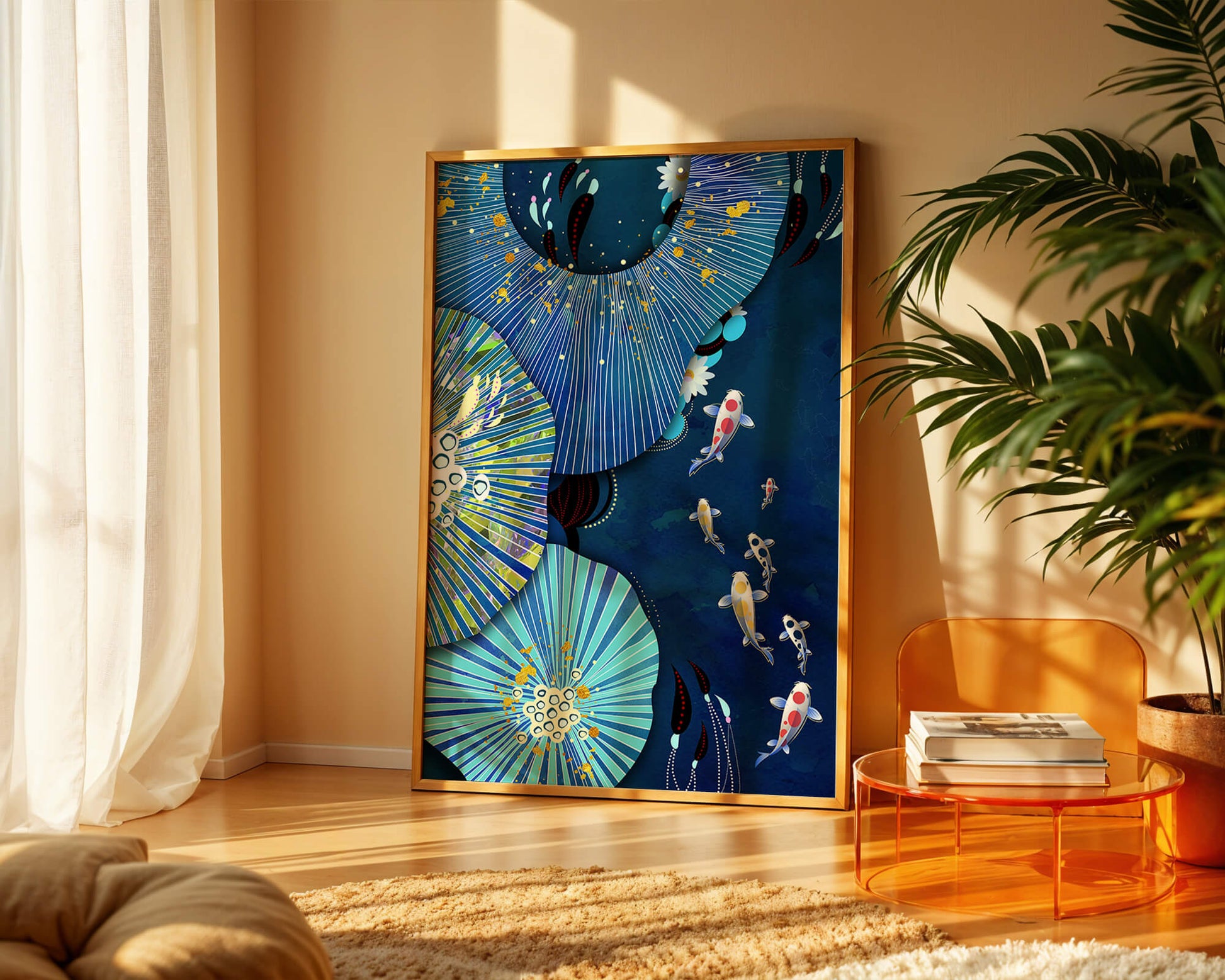Vibrant underwater scene with koi fish and abstract floral design
