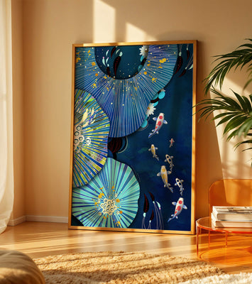 Vibrant underwater scene with koi fish and abstract floral design