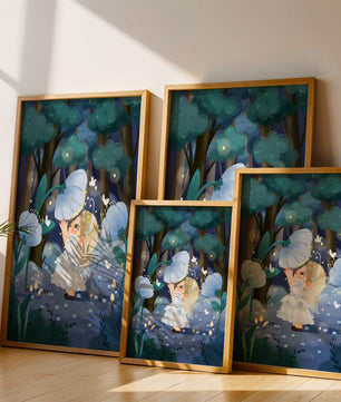 Petite fée dans une forêt magique avec des fleurs lumineuses et des papillons