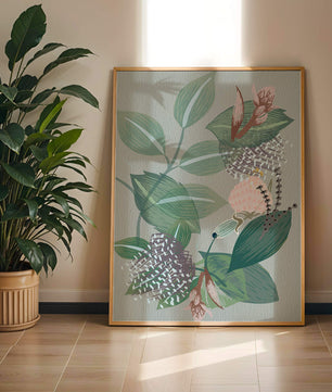 Floral botanical pattern with green leaves and delicate flowers