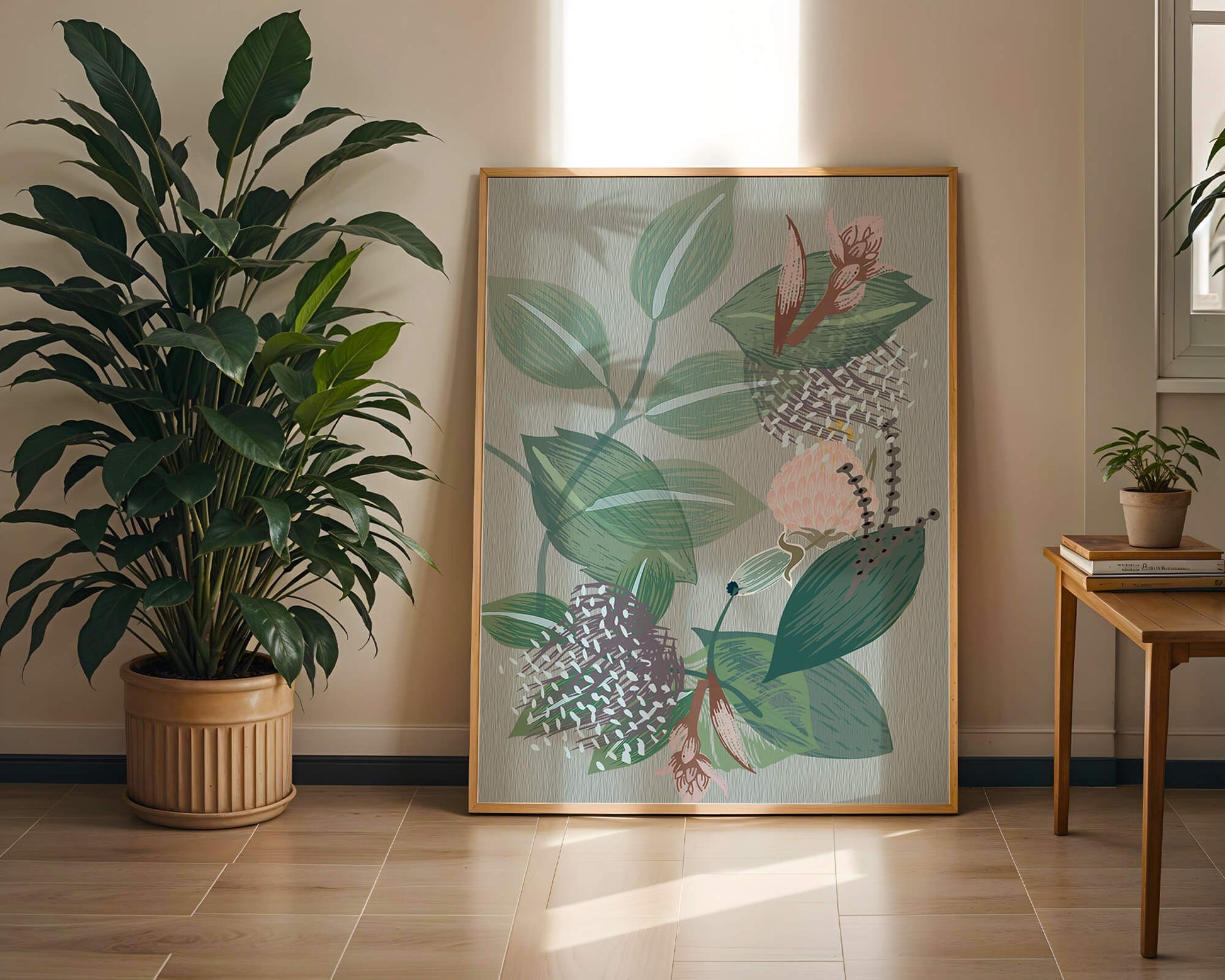 Floral botanical pattern with green leaves and delicate flowers