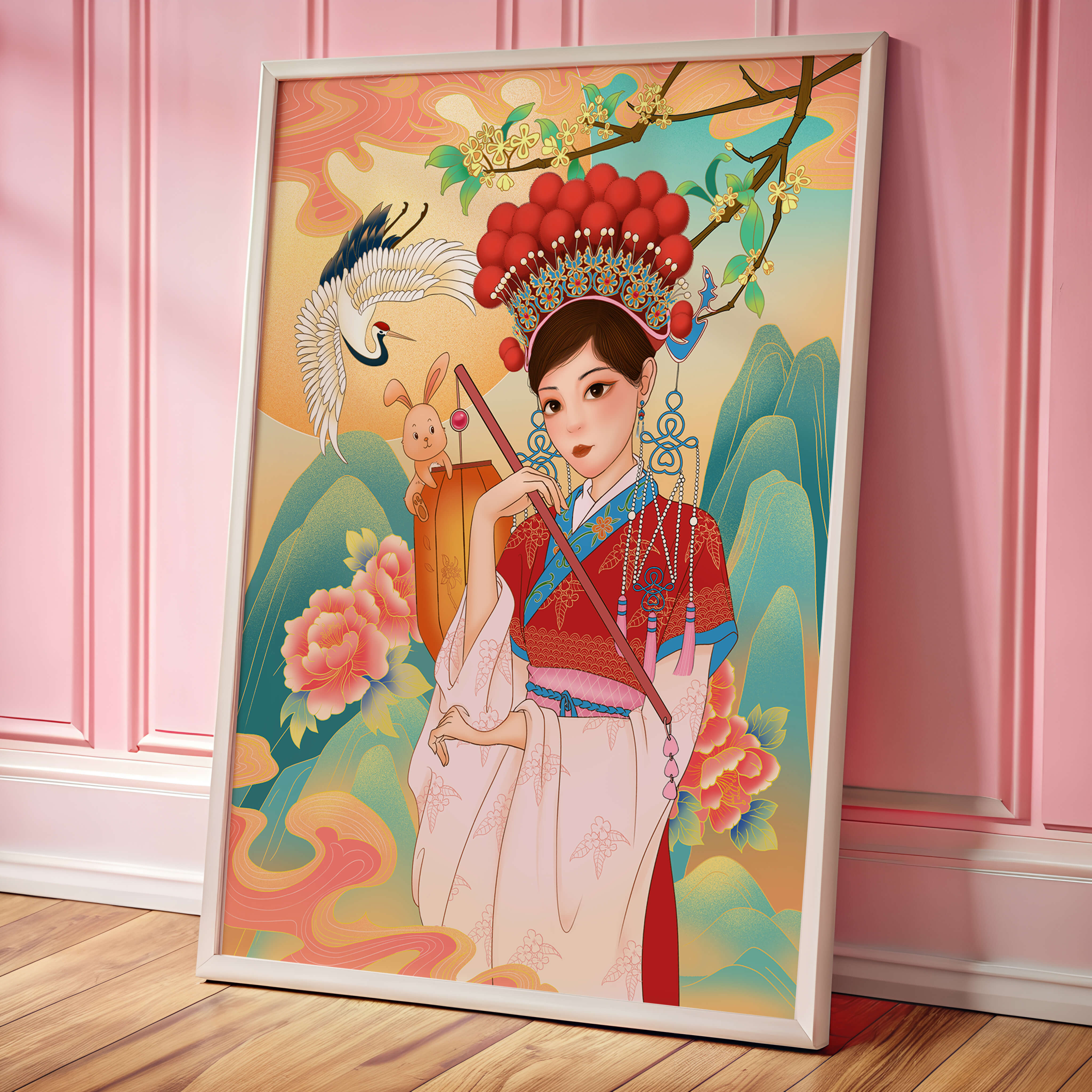 Elegant traditional Chinese illustration featuring a woman in vibrant attire with floral and animal motifs