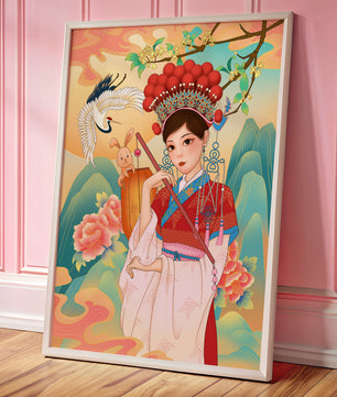 Elegante traditionelle chinesische Illustration mit einer Frau in lebendiger Kleidung mit Blumen- und Tiermotiven