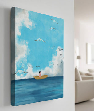Peaceful seascape illustration with a boat and birds