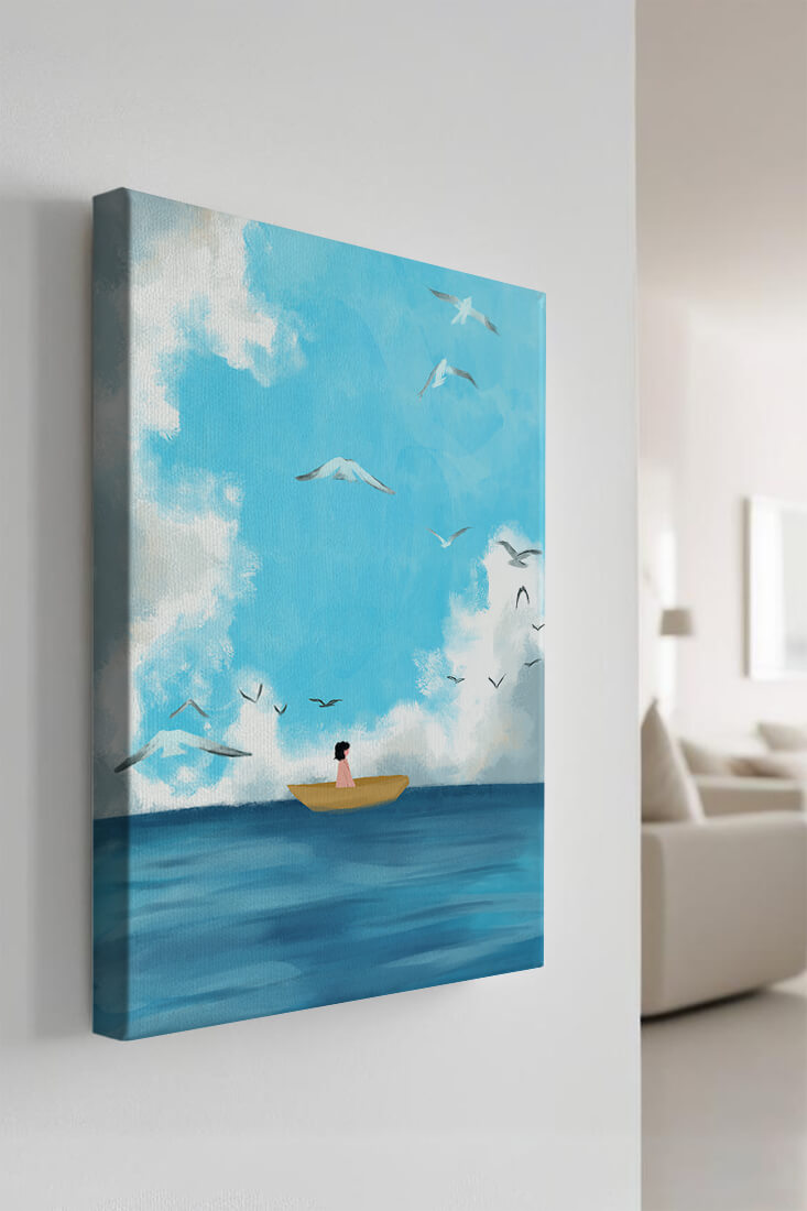 Peaceful seascape illustration with a boat and birds