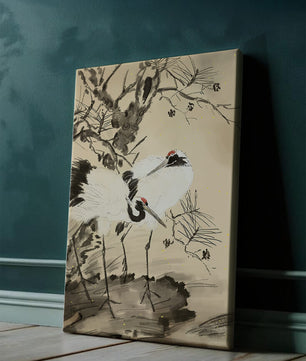 Traditional Japanese Painting of Cranes with Pine Tree and Gold Details
