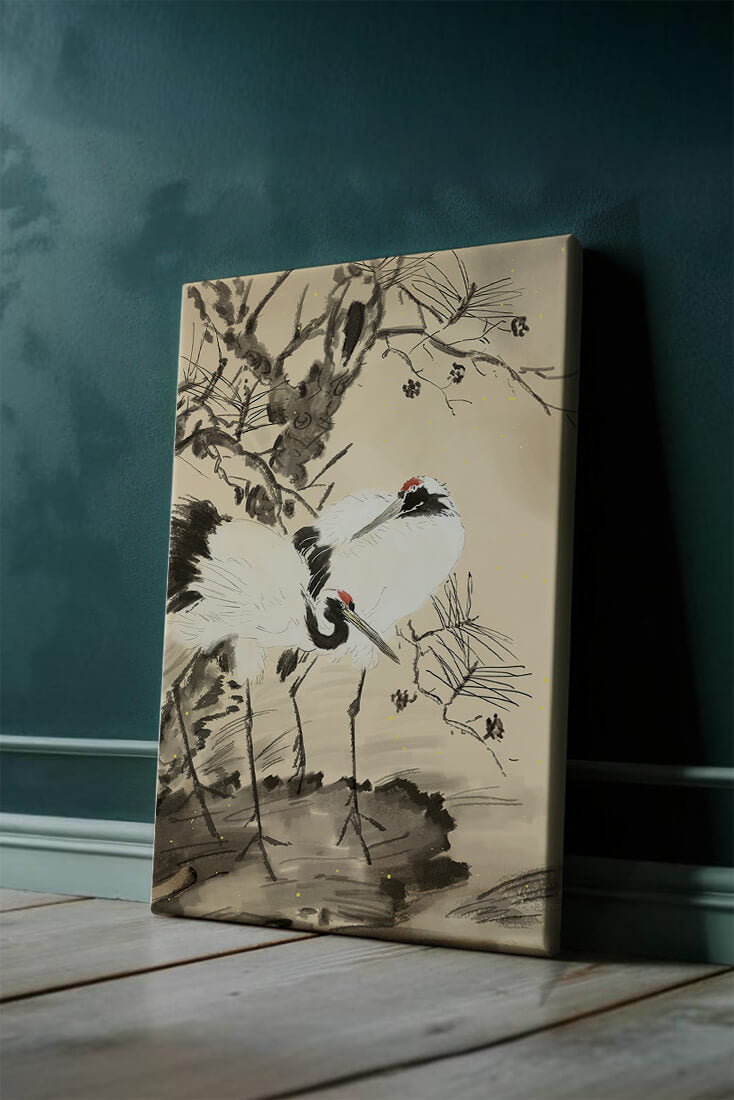 Pintura tradicional japonesa de grullas con pino y detalles dorados