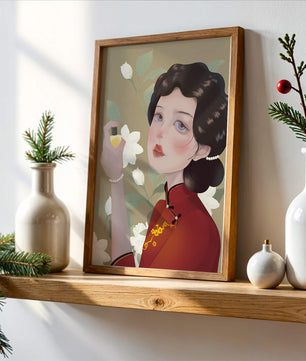 Captivating portrait of a woman in traditional attire with floral backdrop