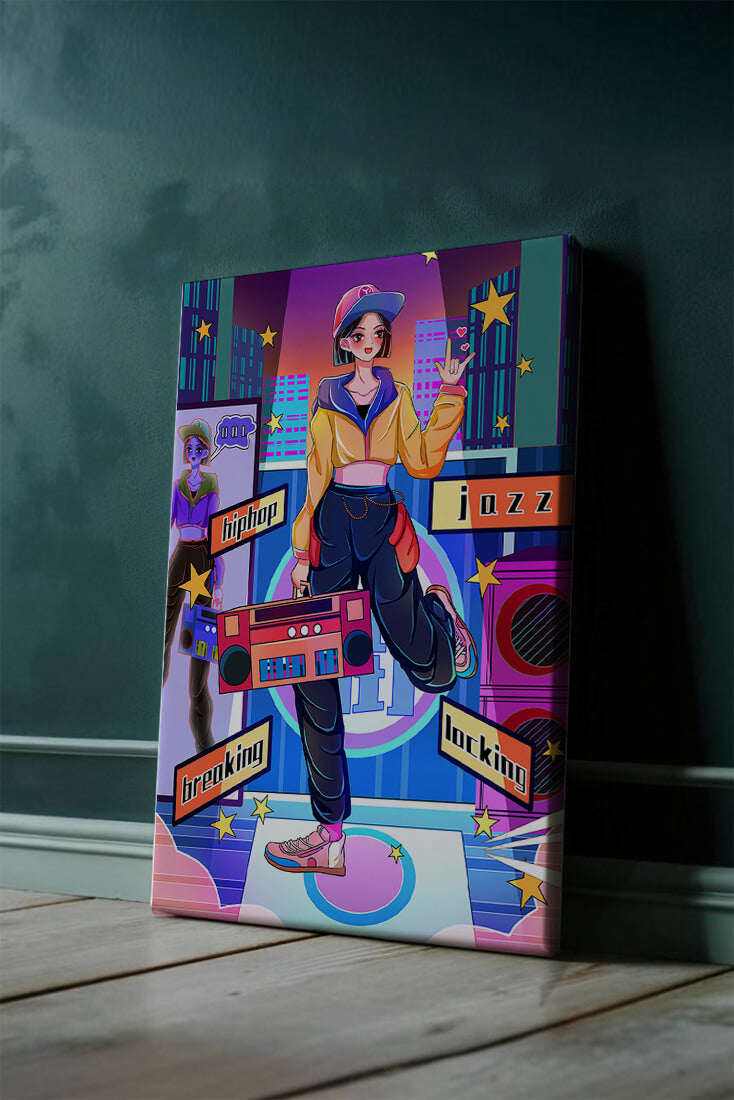 Colorful urban dance scene with hip hop and jazz elements