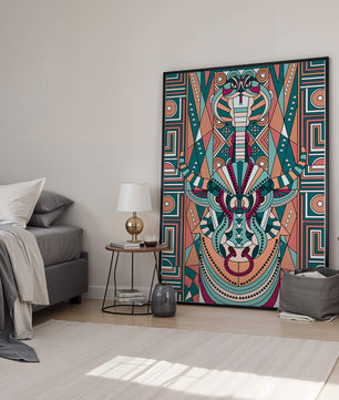 Patrón geométrico de animales con toro y cobra en colores vibrantes