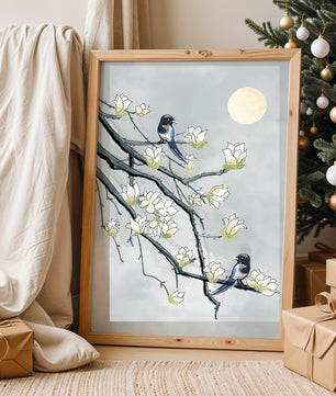 Birds on blossoming branches under a serene moonlit sky