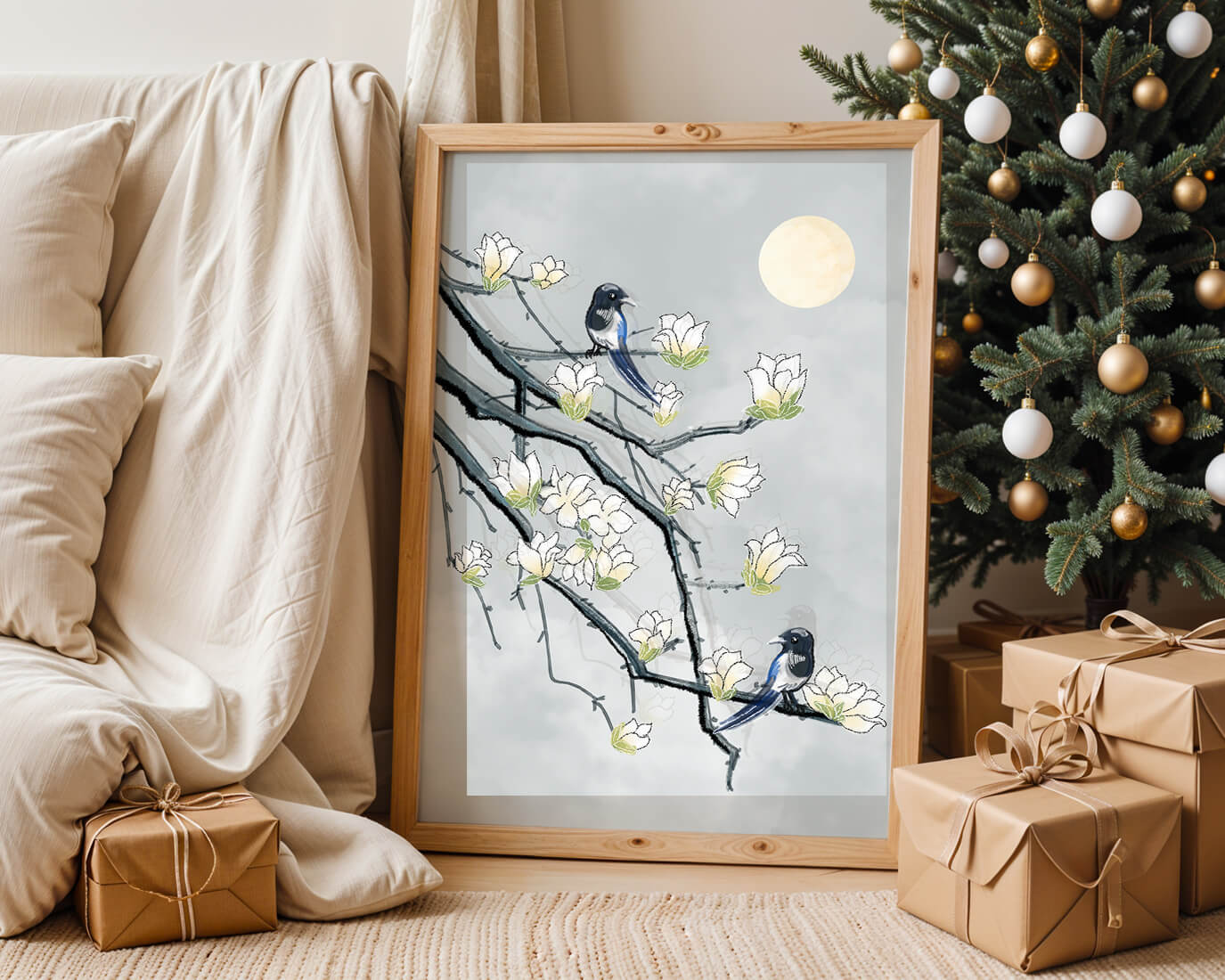 Birds on blossoming branches under a serene moonlit sky