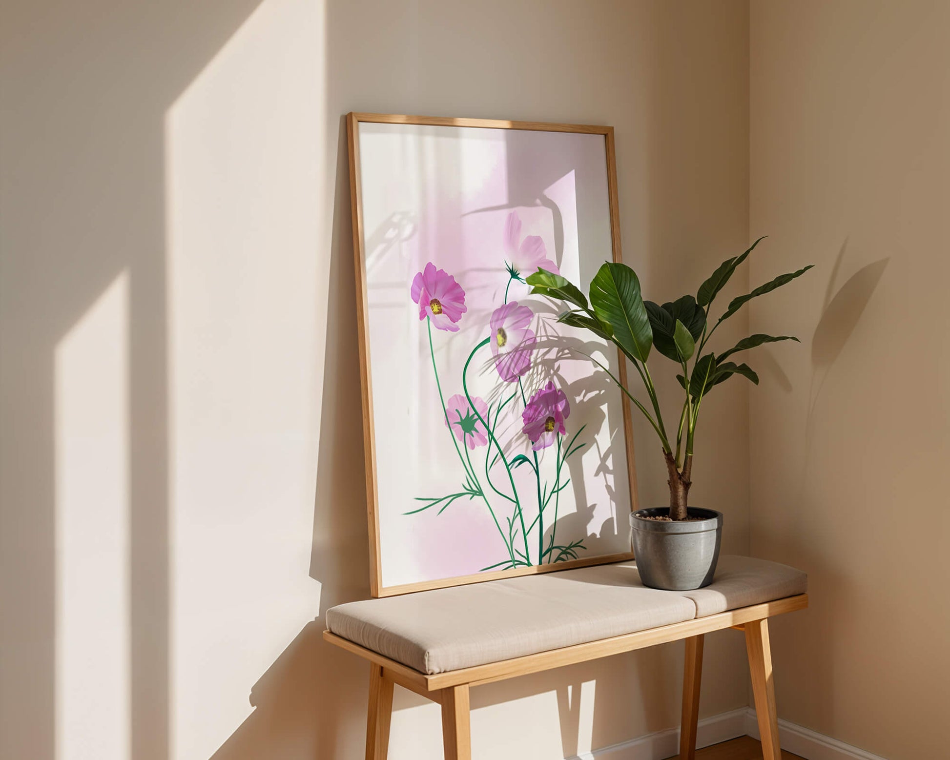 Delicate Pink Cosmos Flowers on Soft Pastel Background
