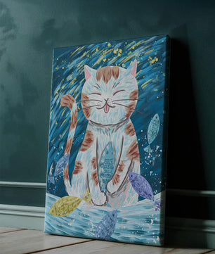 Gato caprichoso con peces coloridos y pinceladas juguetonas