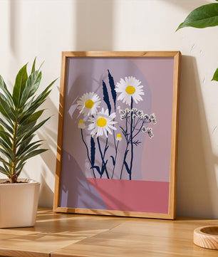 Zarte weiße Gänseblümchen mit gelben Zentren auf modernem Pastell-Hintergrund