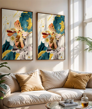 Obra de arte floral abstracta elegante con detalles dorados