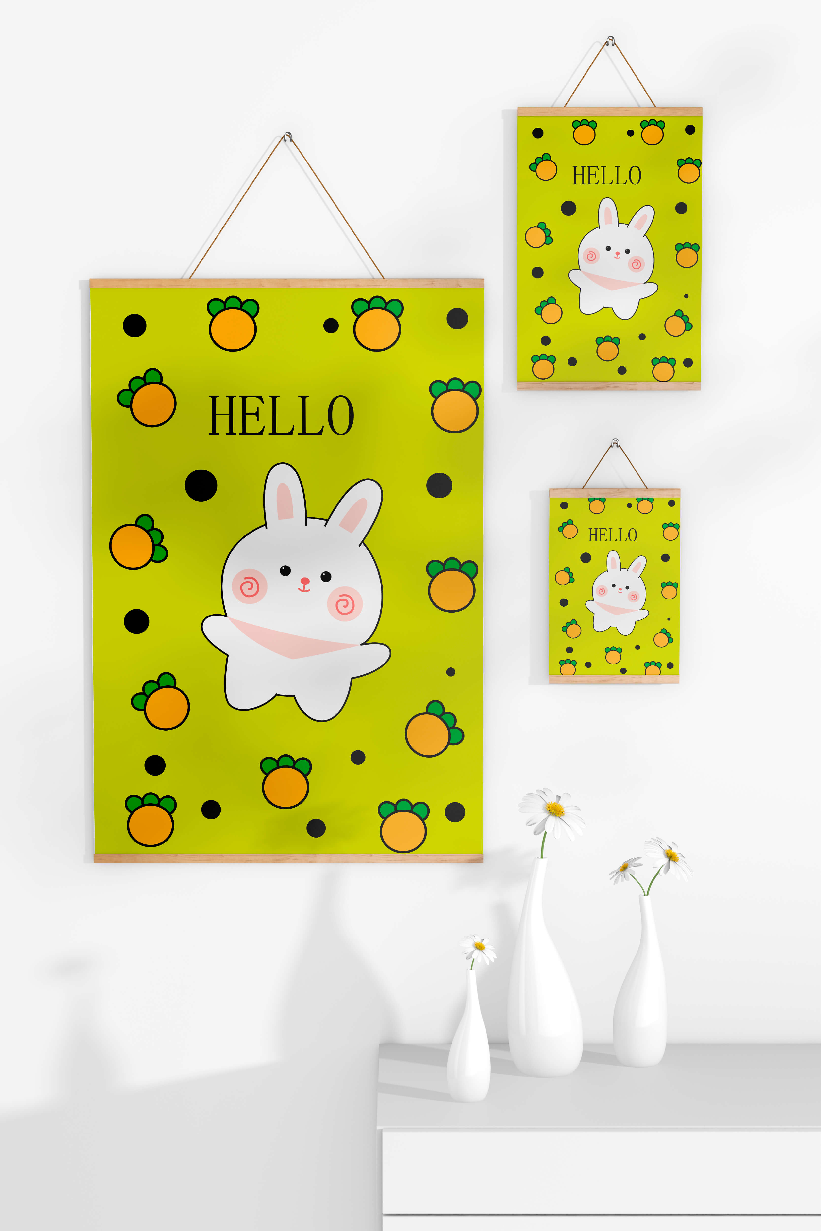 Charming rabbit cartoon illustration on yellow background with orange elements